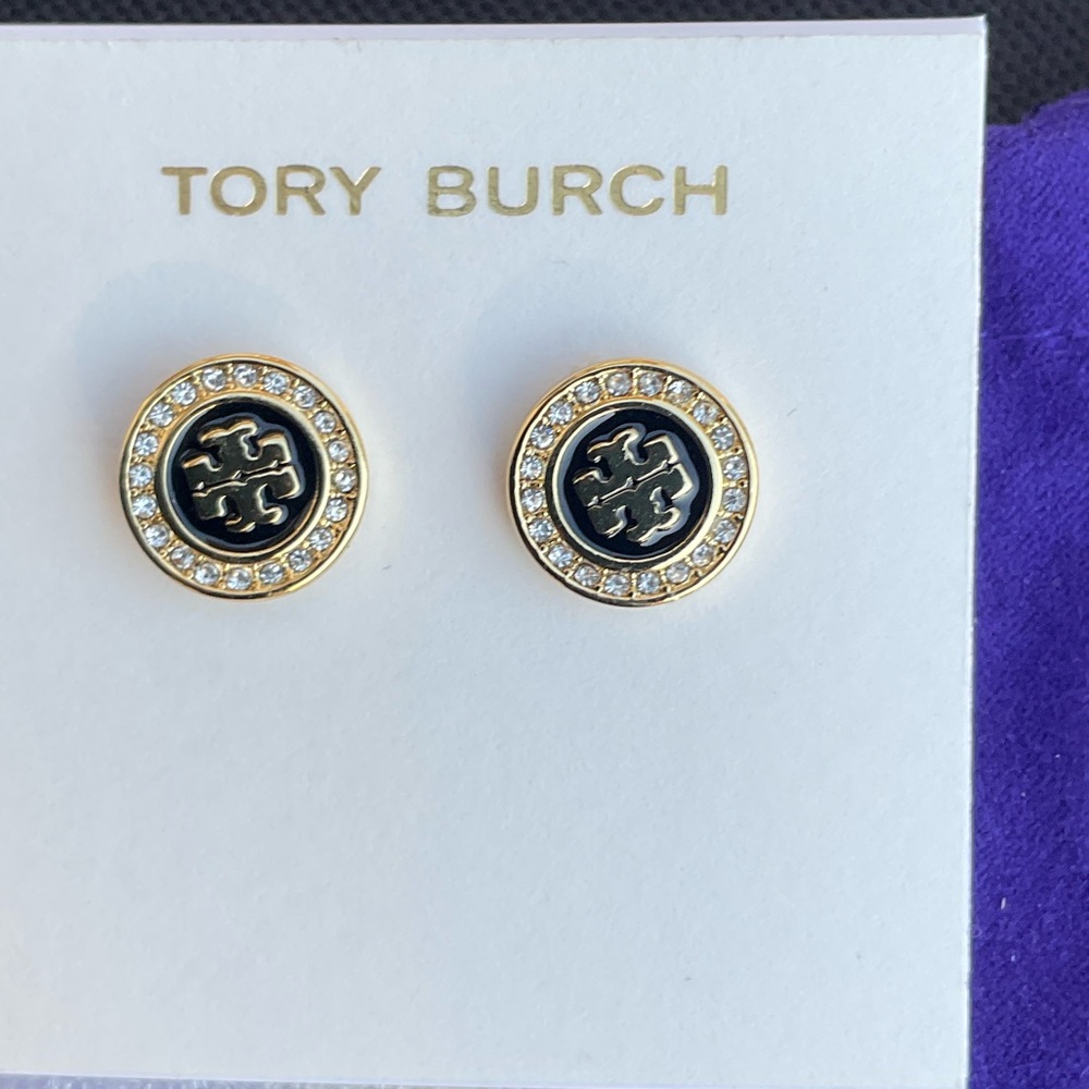 Tory Burch Gold and Black Crystal Stud Earrings